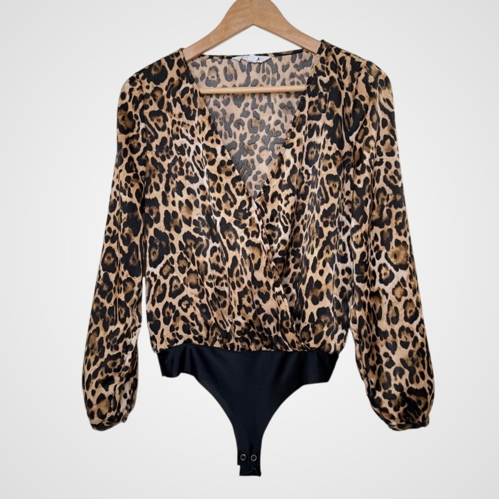 Women's‎ Leopard Print Long Sleeve Bodysuit Wrap V Neck Snap Closure